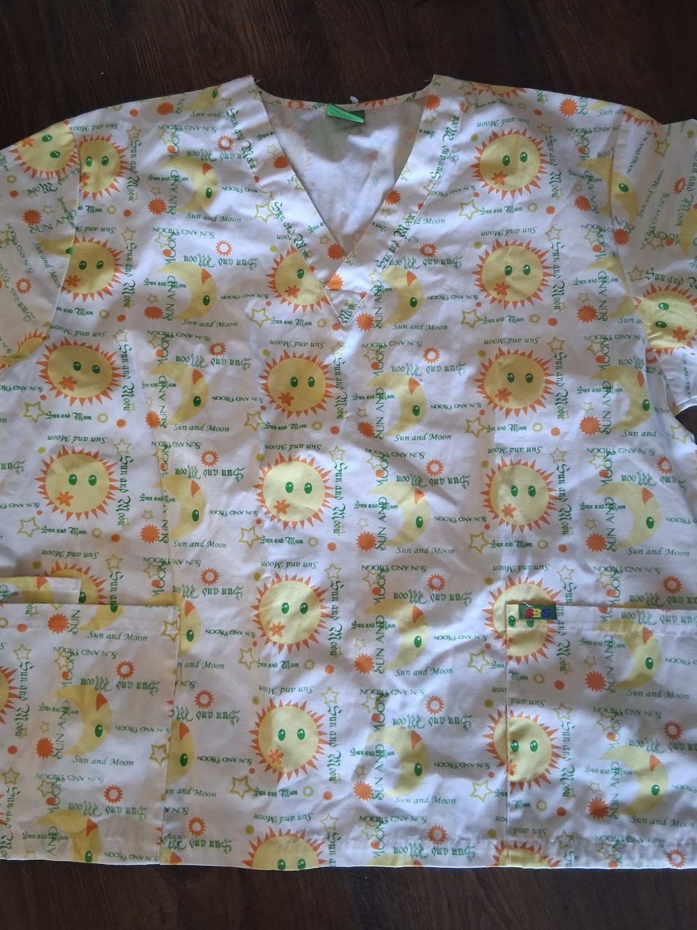 Womans Nursing Scrubs  Sun & Moon Printed White & Yellow Pockets.